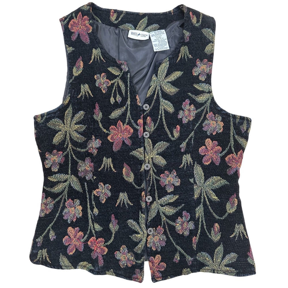 White Stag Vest Tapestry Floral Woven Black Multi Women Size Medium 90's